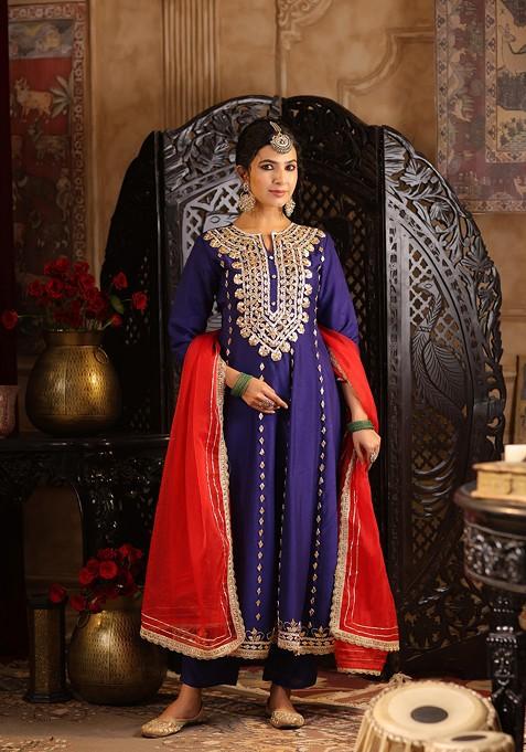 Navy Blue Embellished Dupion Silk Anarkali Set