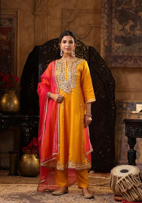 Mustard Embellished Dupion Silk Anarkali Set