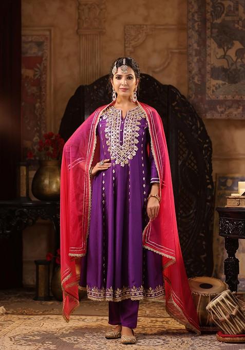 Purple Embellished Dupion Silk Anarkali Set