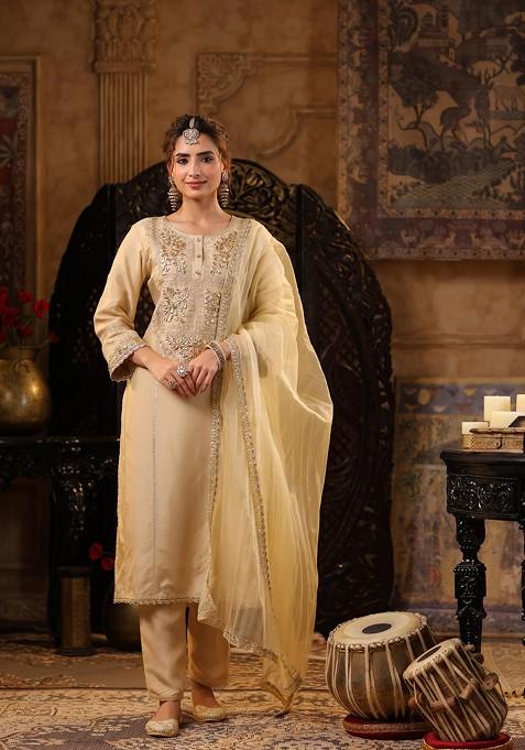 Beige Embellished Dupion Silk Kurta Set