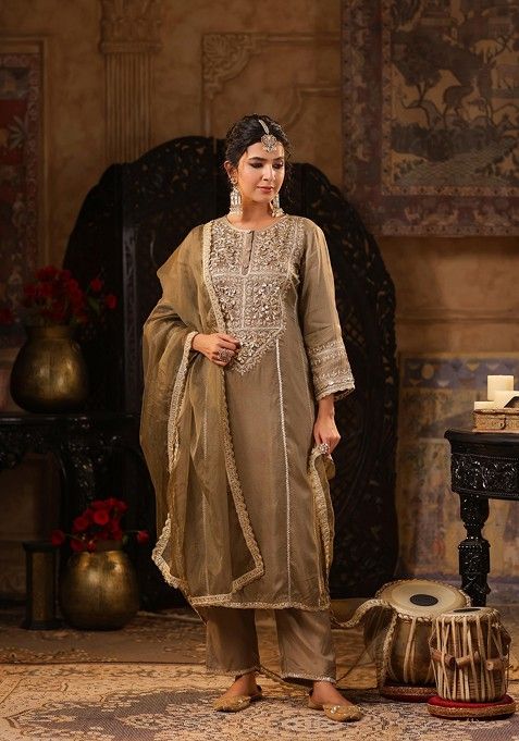 Taupe Embellished Dupion Silk Kurta Set