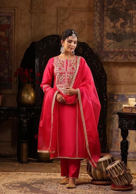 Fuchsia Embellished Dupion Silk Kurta Set