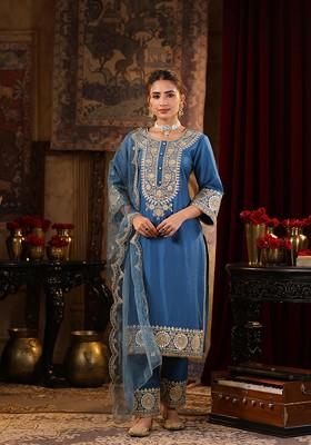 Teal Blue Sequin Embellished Chanderi Kurta Set