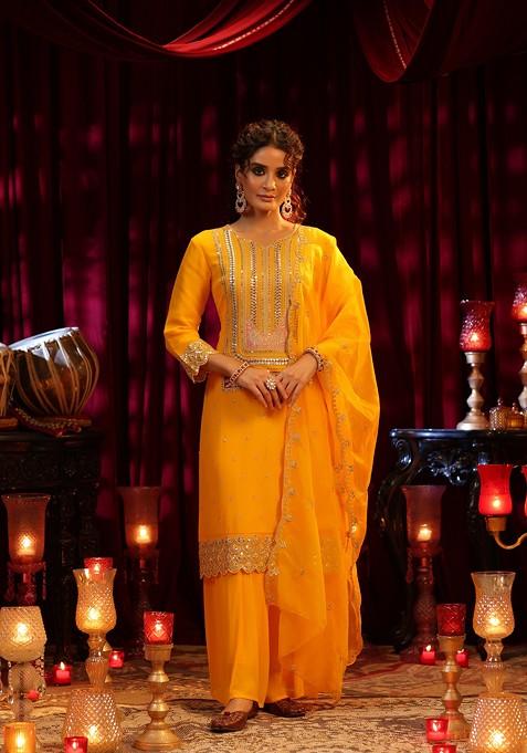 Yellow Sequin Embellished Georgette Kurta Set