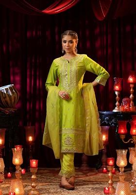 Lime Green Sequin Embellished Dupion Silk Kurta Set