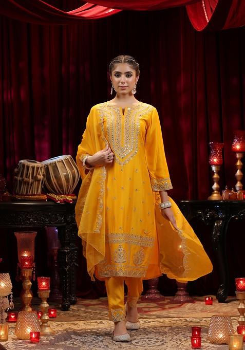 Mustard Sequin Embellished Dupion Silk Kurta Set