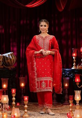 Red Sequin Embellished Dupion Silk Kurta Set