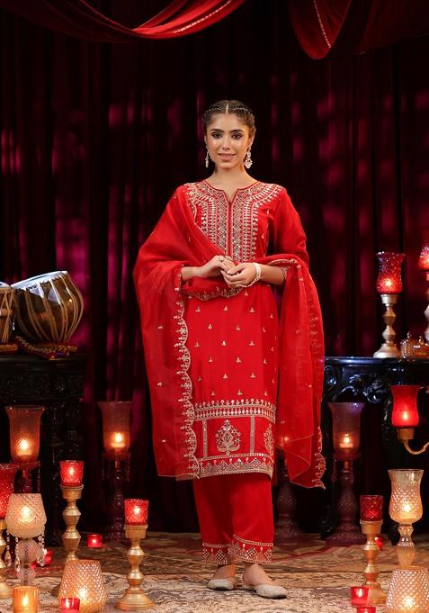 Red Sequin Embellished Dupion Silk Kurta Set