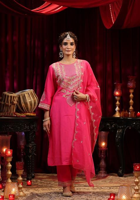 Fuchsia Zari Woven Design Dupion Silk Kurta Set