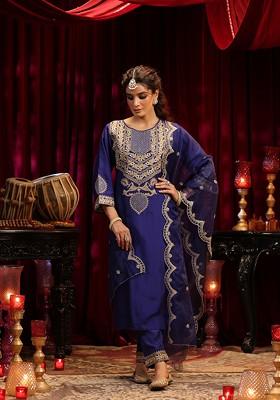 Navy Blue Zari Woven Design Dupion Silk Kurta Set