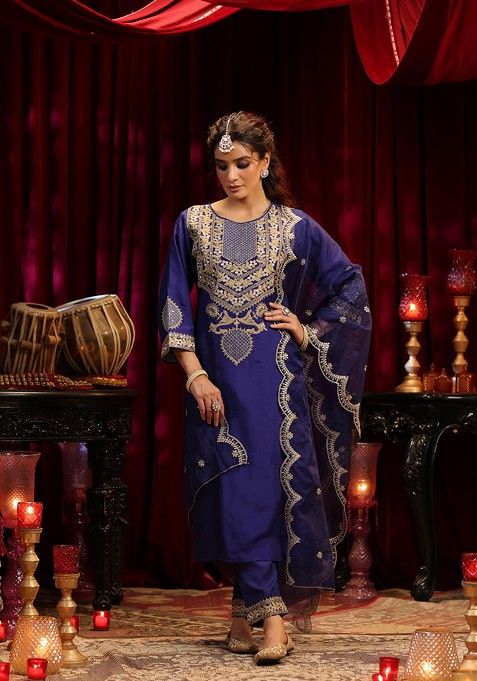 Navy Blue Zari Woven Design Dupion Silk Kurta Set