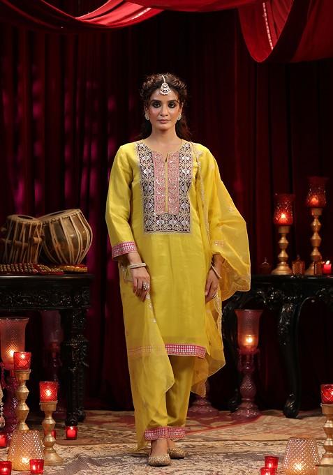 Lime Green Zari Woven Design Shimmer Organza Kurta Set