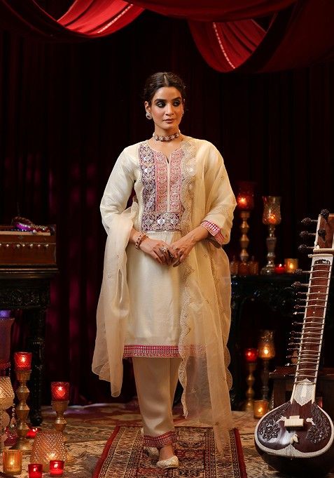 Ivory Zari Woven Design Shimmer Organza Kurta Set