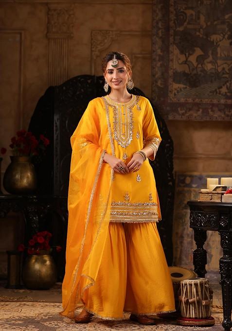 Mustard Embellished Chanderi Kurta Set