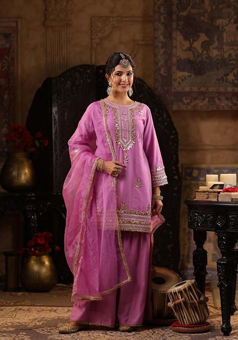 Mauve Embellished Chanderi Kurta Set