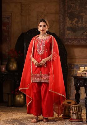 Red Embellished Chanderi Kurta Set