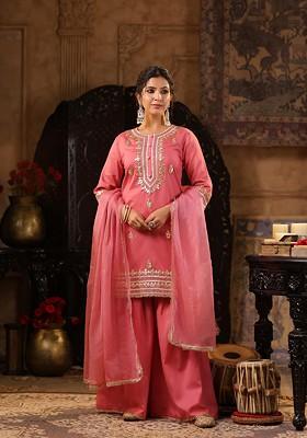 Rose Pink Embellished Chanderi Kurta Set