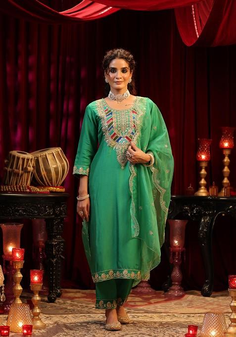 Green Sequin Embellished Dupion Silk Kurta Set