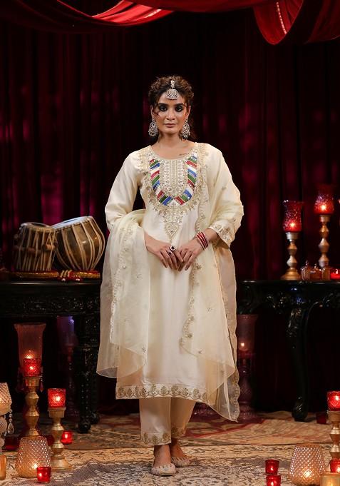 Ivory Sequin Embellished Dupion Silk Kurta Set