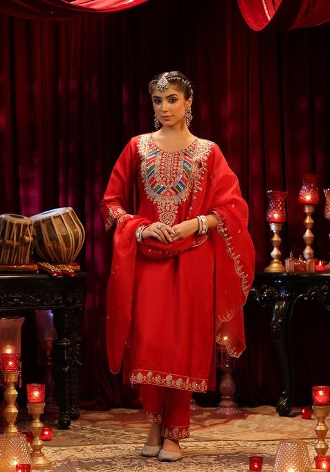 Red Sequin Embellished Dupion Silk Kurta Set