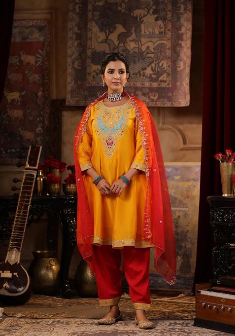 Mustard Thread Embroidered Dupion Silk Anarkali Set