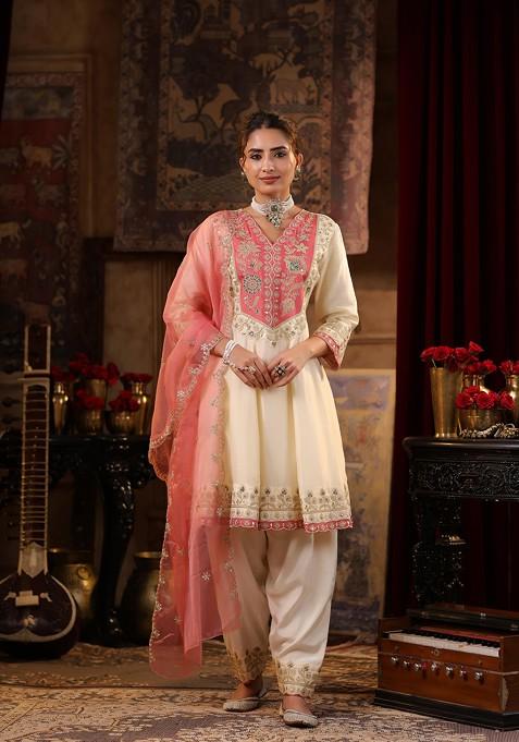 Ivory Thread Embroidered Dupion Silk Anarkali Set