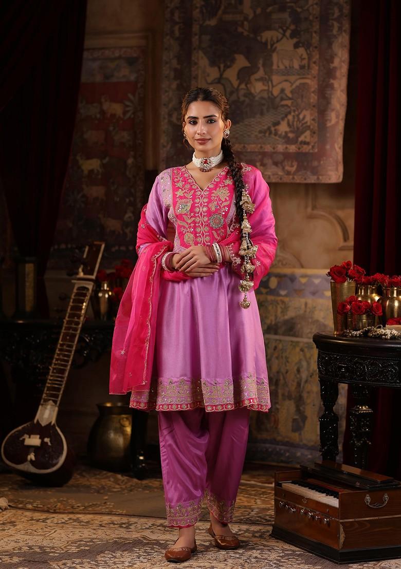 Mauve Thread Embroidered Dupion Silk Anarkali Set - Indya