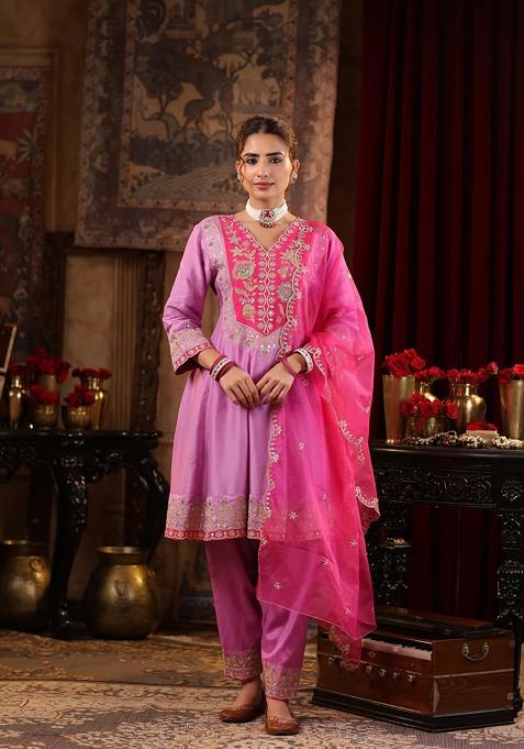 Mauve Thread Embroidered Dupion Silk Anarkali Set