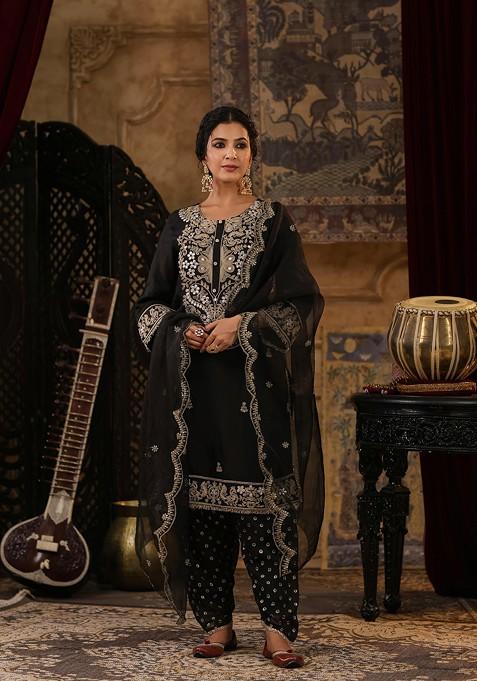 Black Thread Embroidered Chanderi Kurta Set