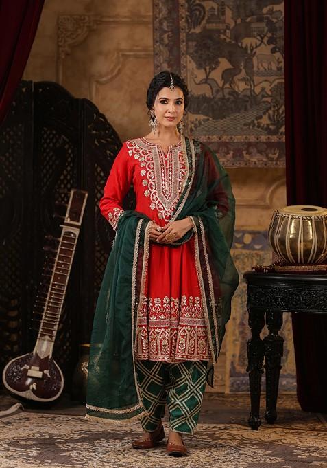 Red Embellished Dupion Silk Anarkali Set