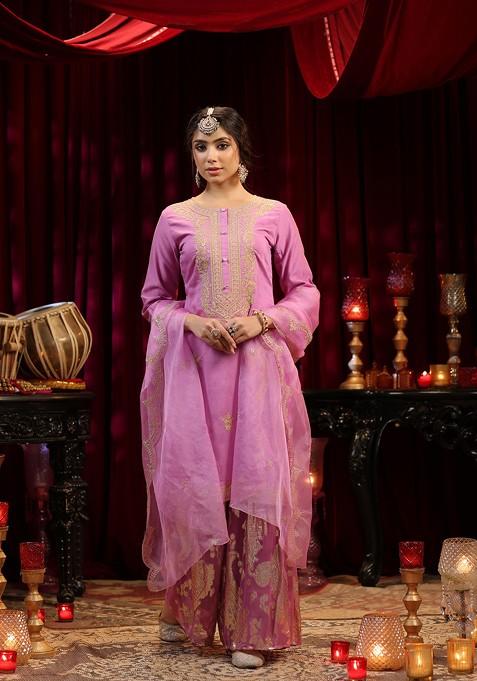 Mauve Zari Woven Design Chanderi Kurta Set