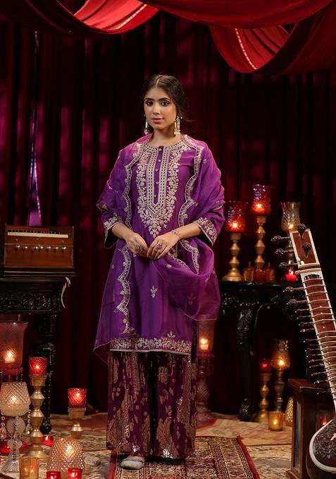 Purple Zari Woven Design Chanderi Kurta Set