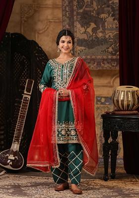 Bottle Green Embellished Dupion Silk Anarkali Set