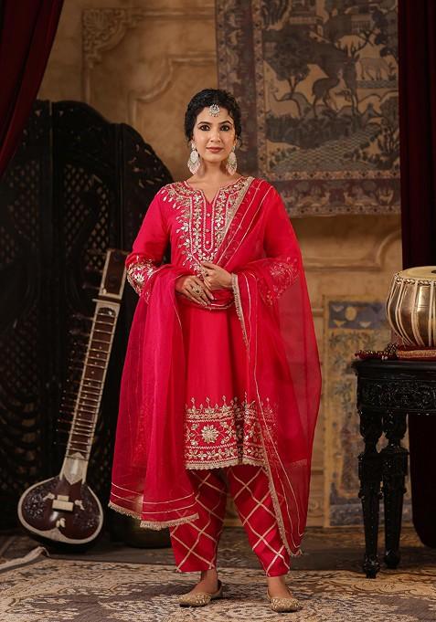 Fuchsia Embellished Dupion Silk Anarkali Set