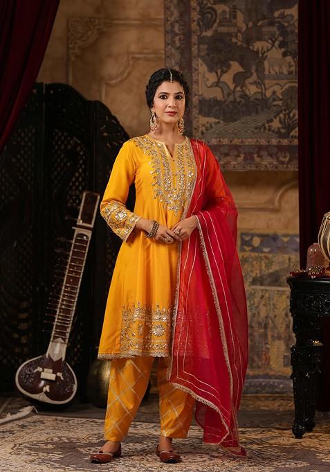 Mustard Embellished Dupion Silk Anarkali Set