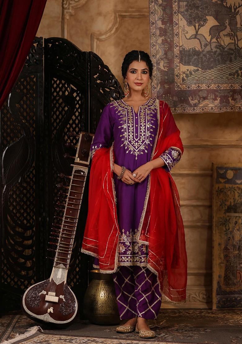 Purple Embellished Dupion Silk Anarkali Set