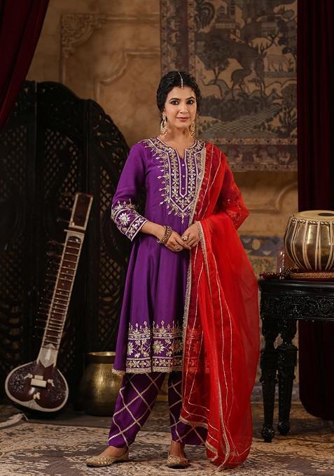 Purple Embellished Dupion Silk Anarkali Set