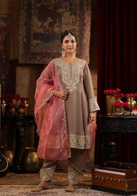 Taupe Zari Woven Design Georgette Anarkali Set