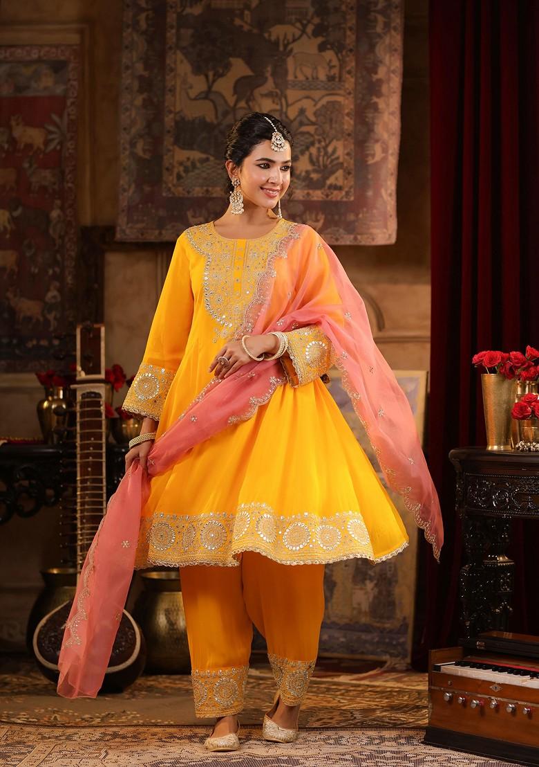 Yellow Zari Woven Design Georgette Anarkali Set
