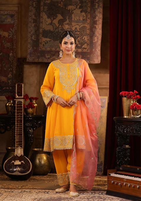 Yellow Zari Woven Design Georgette Anarkali Set