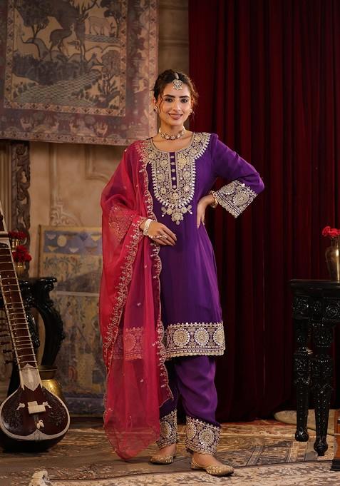 Purple Zari Woven Design Georgette Anarkali Set