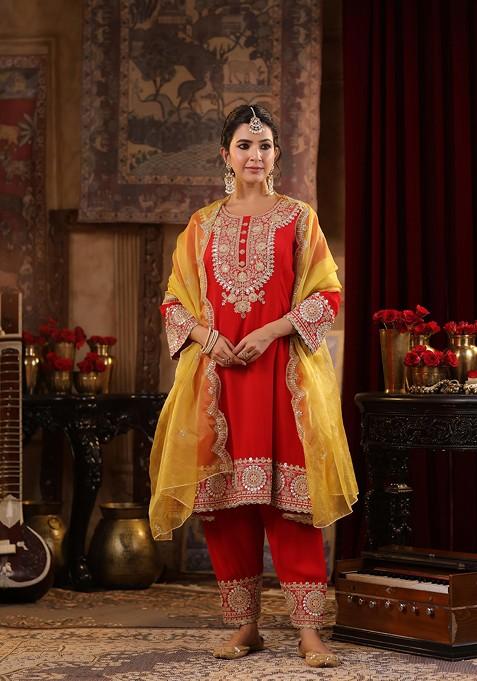 Red Zari Woven Design Georgette Anarkali Set