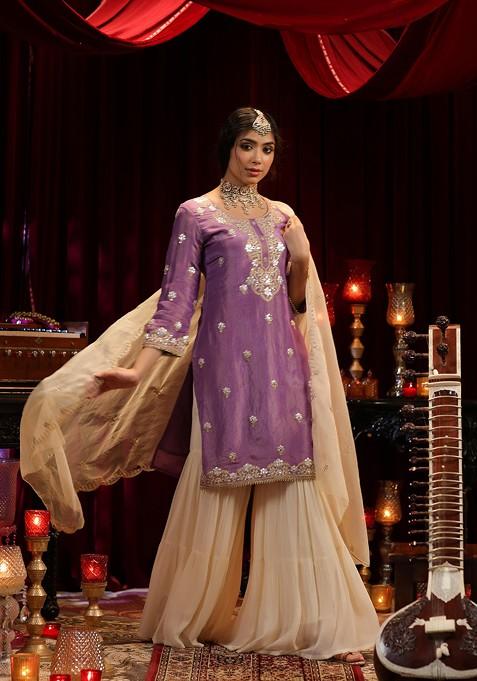 Purple Zari Woven Design Shimmer Organza Kurta Set