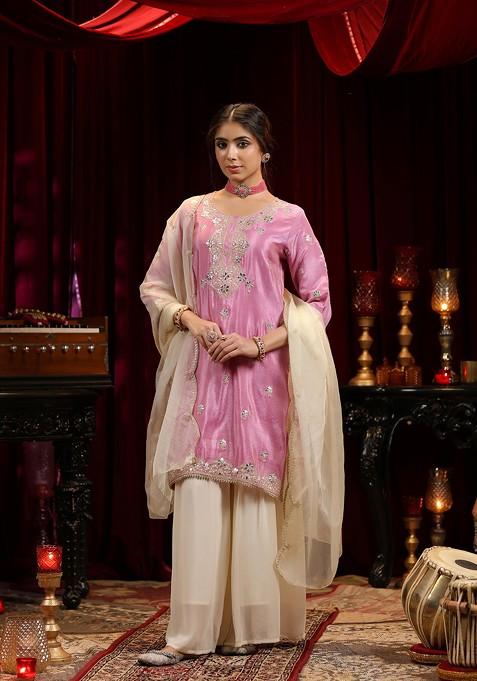 Mauve Zari Woven Design Shimmer Organza Kurta Set