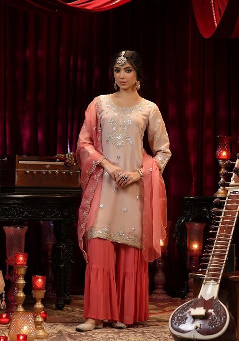 Rose Gold Zari Woven Design Shimmer Organza Kurta Set