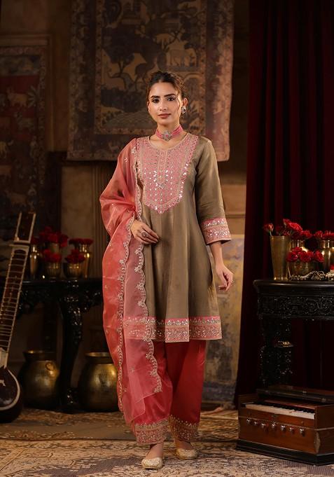 Taupe Zari Woven Design Shimmer Organza Anarkali Set