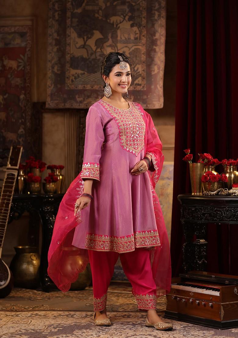 Mauve Zari Woven Design Shimmer Organza Anarkali Set - Indya