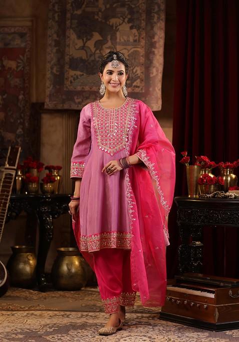 Mauve Zari Woven Design Shimmer Organza Anarkali Set