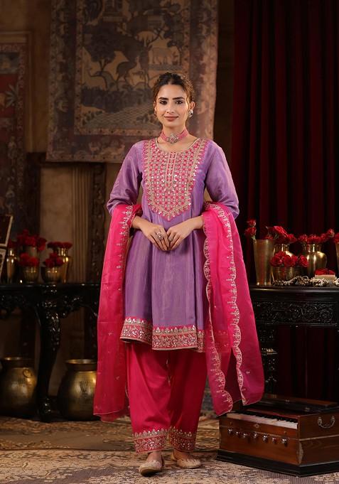 Light Purple Zari Woven Design Shimmer Organza Anarkali Set