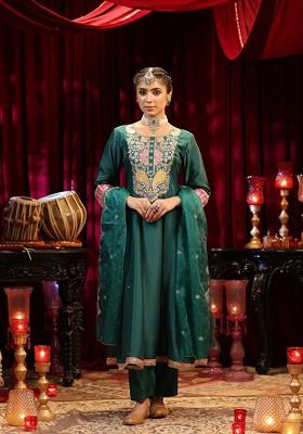 Bottle Green Zari Woven Design Dupion Silk Anarkali Set
